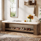 63 Inch Solid Wood Bench with Removable Faux Lambswool Cushion, Farmhouse End of Bed Seat