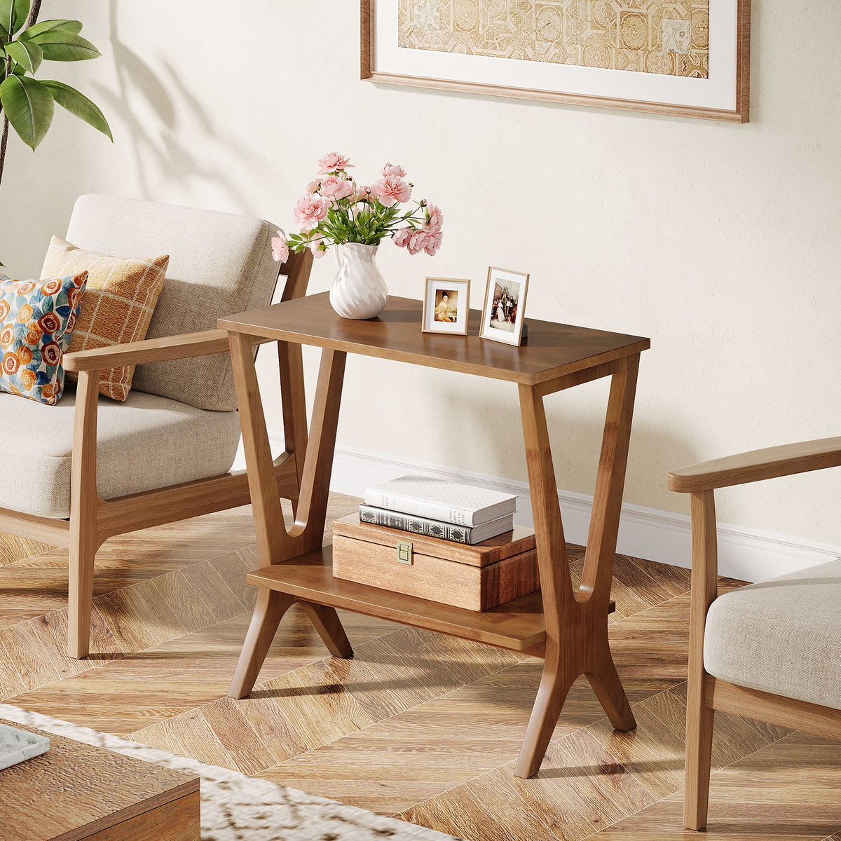 23.62-Inch Narrow End Table, 2-Tier Solid Wood Side Table with Storage Shelves for Living Room