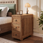11.81 Inch Narrow Solid Wood Side Table with 3 Drawers, Slim Bedside Table for Bedroom