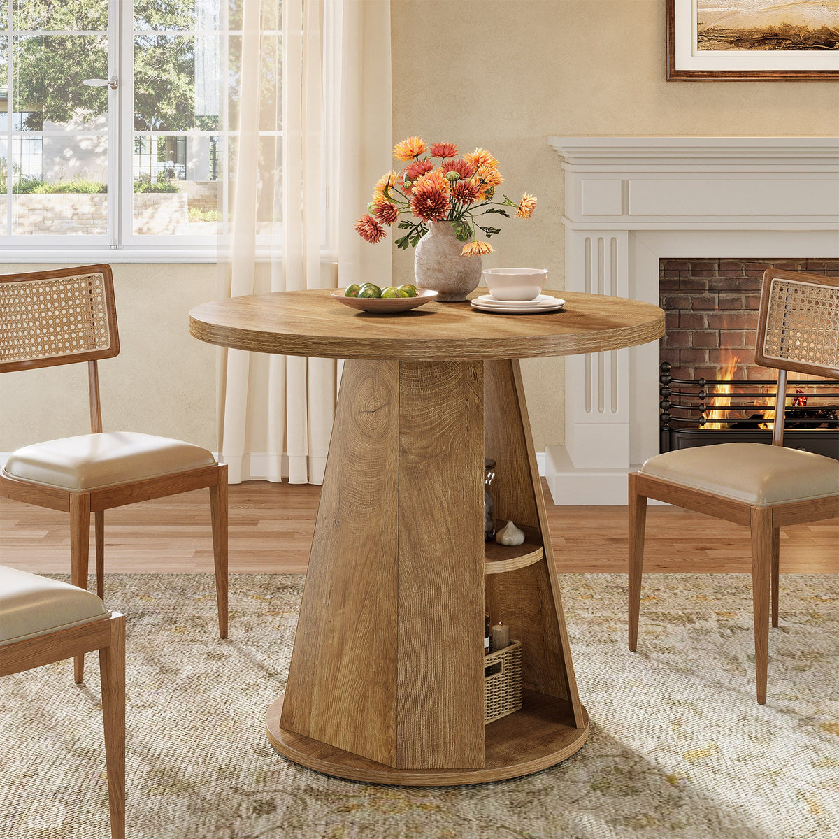 31.5-Inch Round Dining Table for 2-4, Space-Saving Farmhouse Kitchen Table with 2-Tier Storage Shelf for Small Spaces