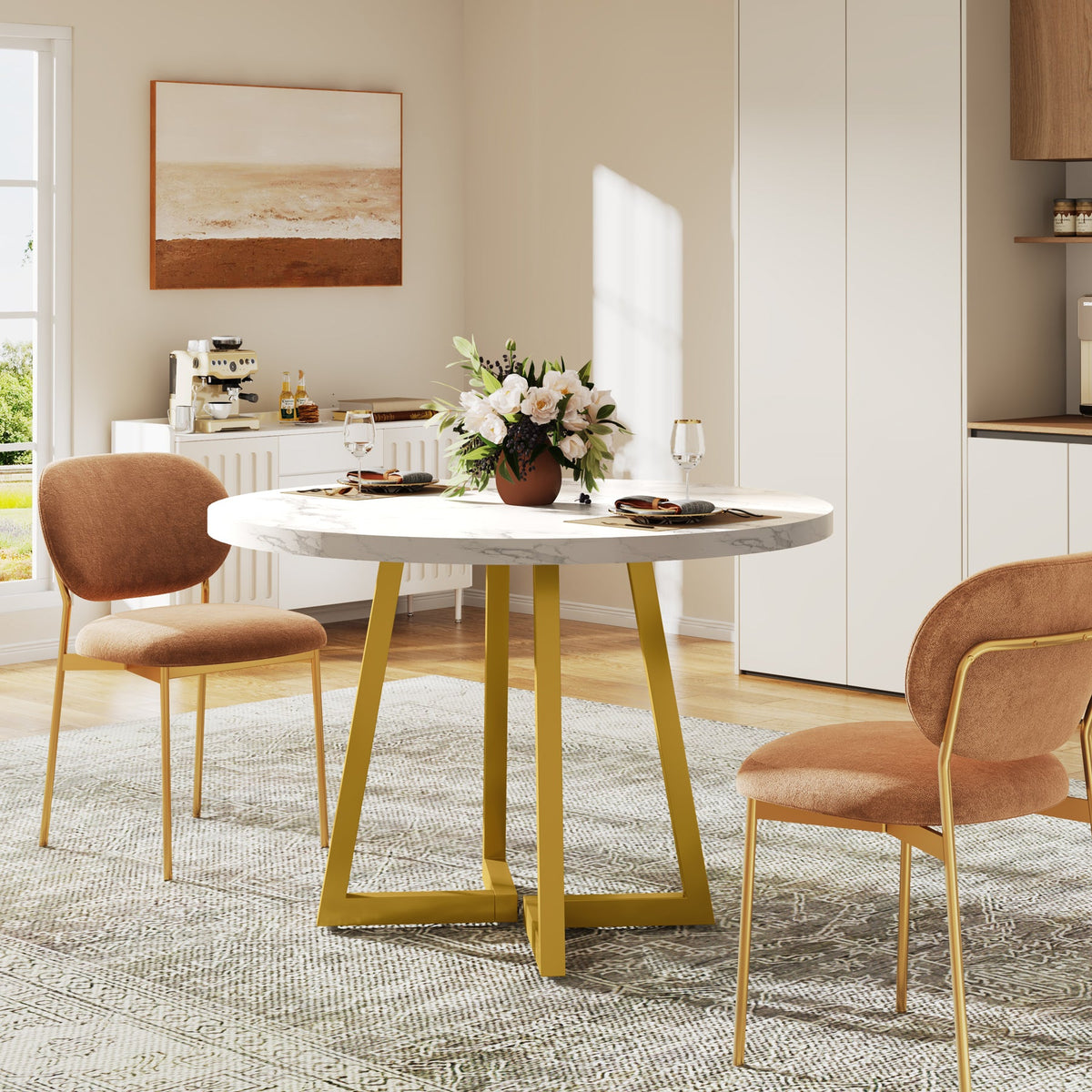 31.5-Inch Round Dining Table for 2, Compact Kitchen Table with Geometric Metal Base#Colour_White