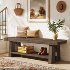 63-Inch Solid Wood Farmhouse Bench with 2-Tier Open Shoe Storage