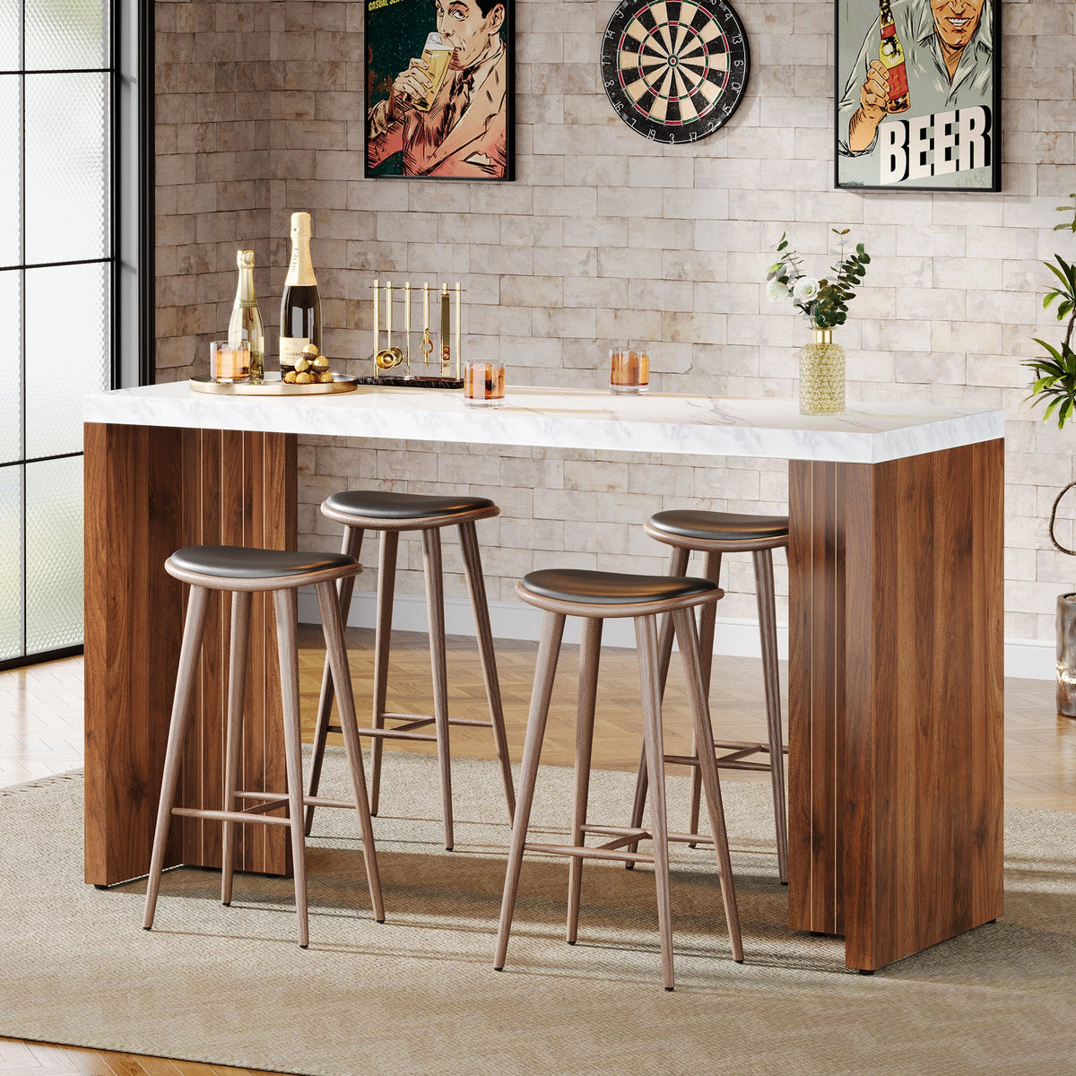 55.12-Inch Bar Table with Faux Marble Top, Counter Height Pub Table for Kitchen