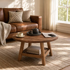 31.5 Inch Solid Wood Round Coffee Table with 2-Tier Storage, Living Room Center Table