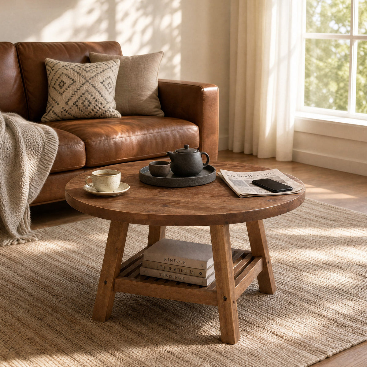 31.5 Inch Solid Wood Round Coffee Table with 2-Tier Storage, Living Room Center Table