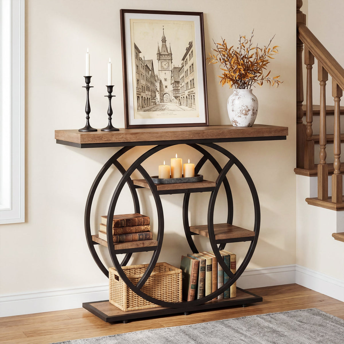 41.3" Industrial Console Table with 4-Tier Storage, Entryway Sofa Table for Hallway Living Room Entrance