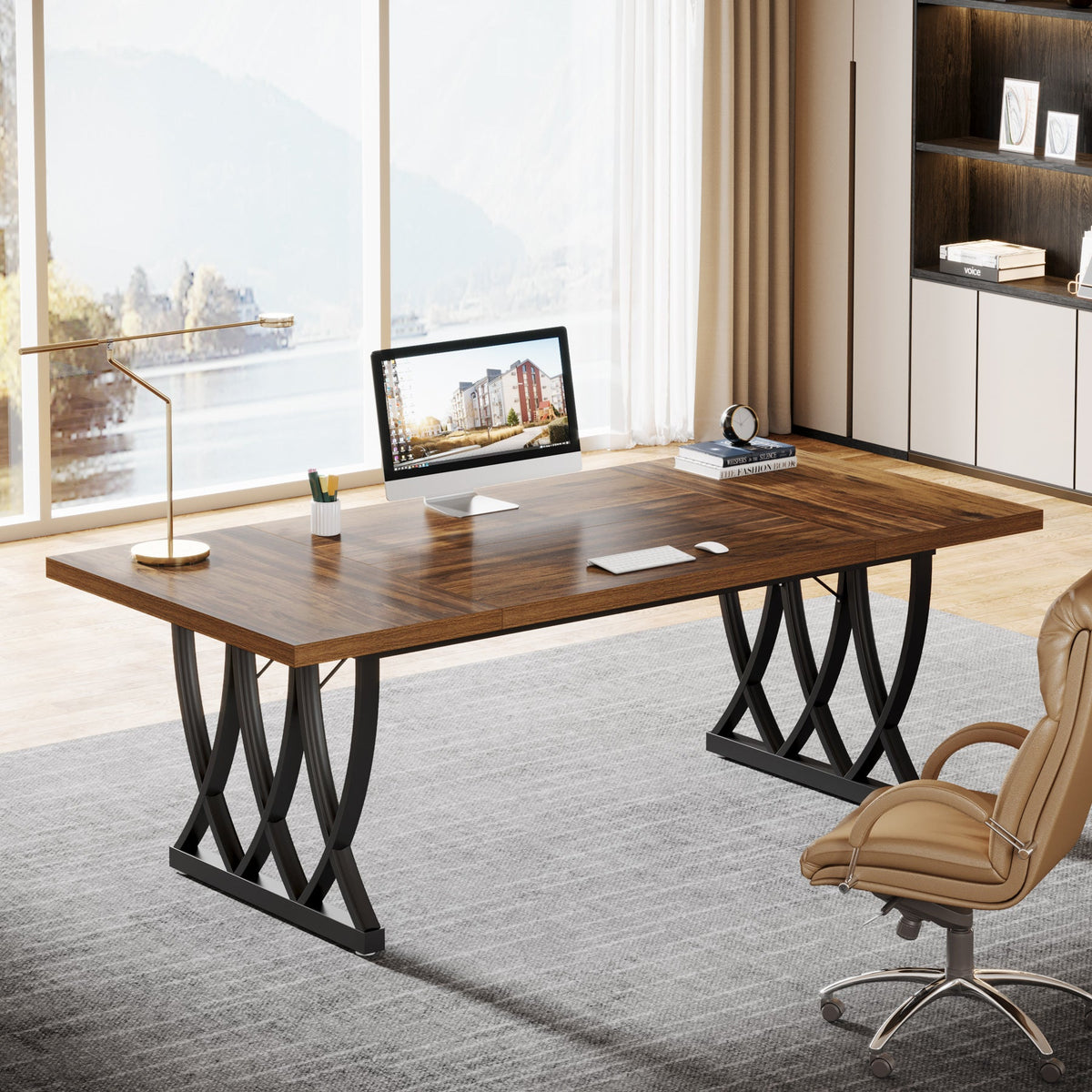 70.86-Inch Executive Desk, Large Home Office Computer Desk with Trestle Metal Frame for Study and Writing