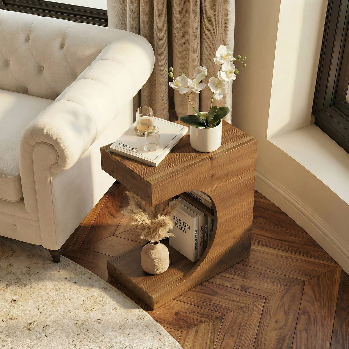 11.8-Inch Wide Solid Wood C-Shaped Side Table with 2-Tier Storage Shelf