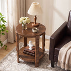 19.69-Inch Round Side Table with 2-Tier Storage, Solid Wood End Table for Living Room