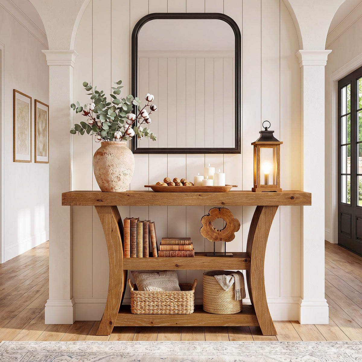 55-Inch Solid Wood Console Table with 3-Tier Storage, Curved Entryway Table for Hallway