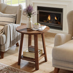 Round Side Table with 2-Tier Storage Shelf, Solid Wood End Table for Small Spaces