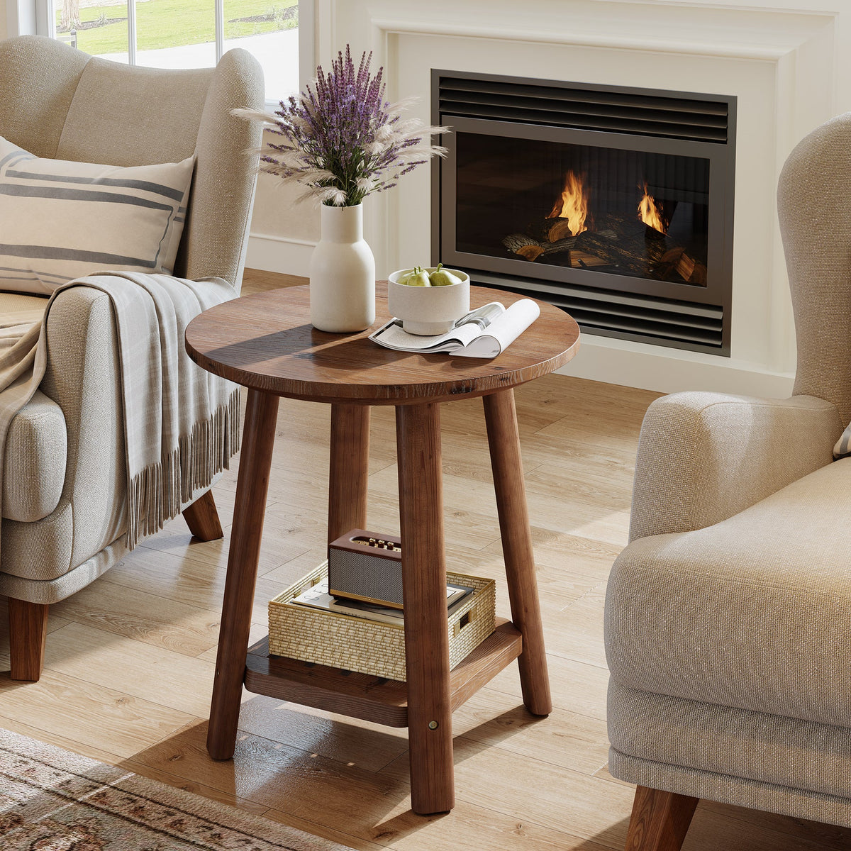 Round Side Table with 2-Tier Storage Shelf, Solid Wood End Table for Small Spaces