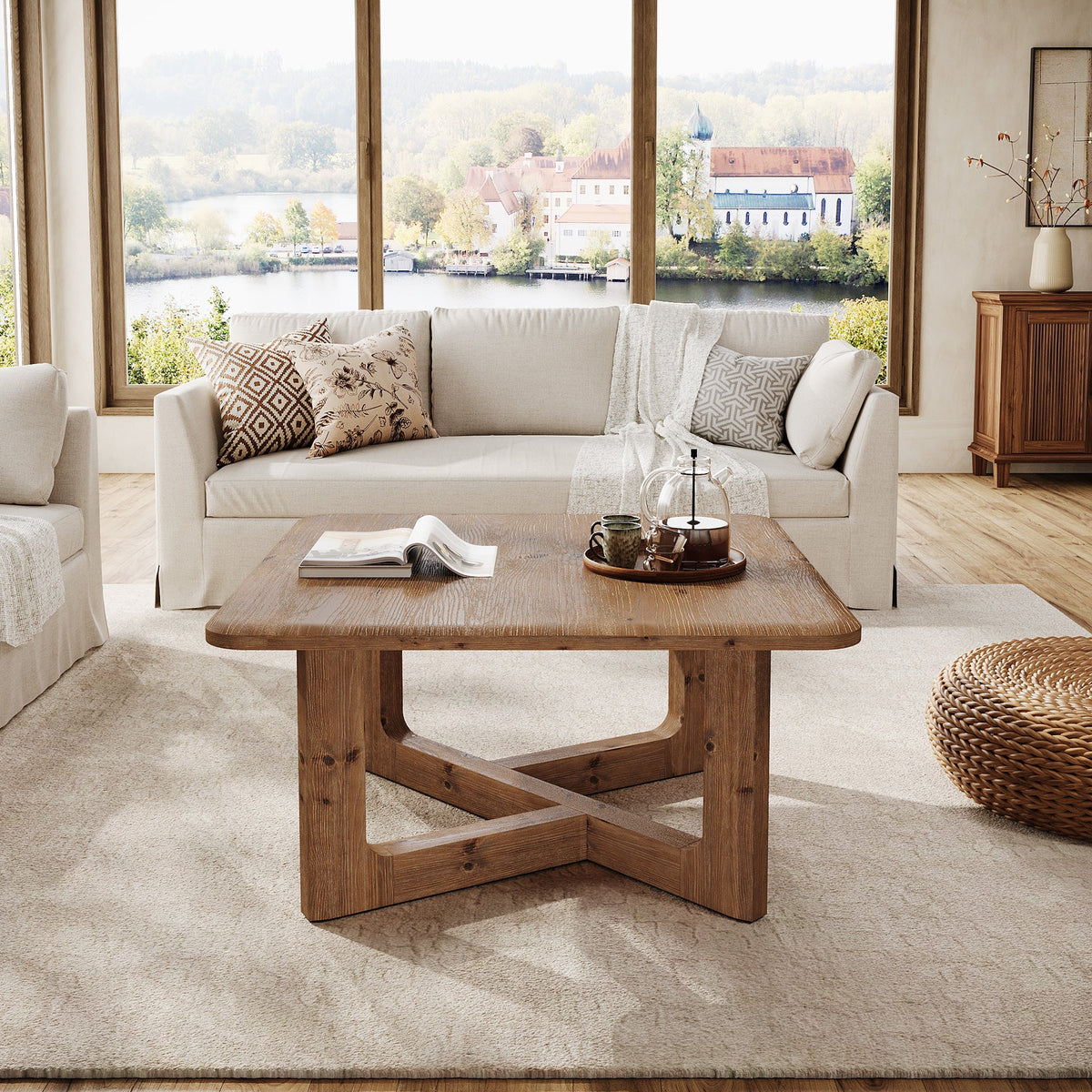 31.5 Inch Square Solid Wood Coffee Table, Farmhouse Living Room Table with Sturdy Base