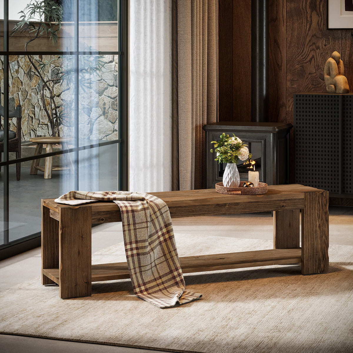 55.12 Inch Solid Wood Entryway Bench with Storage Shelf, Rustic Shoe Bench for Hallway