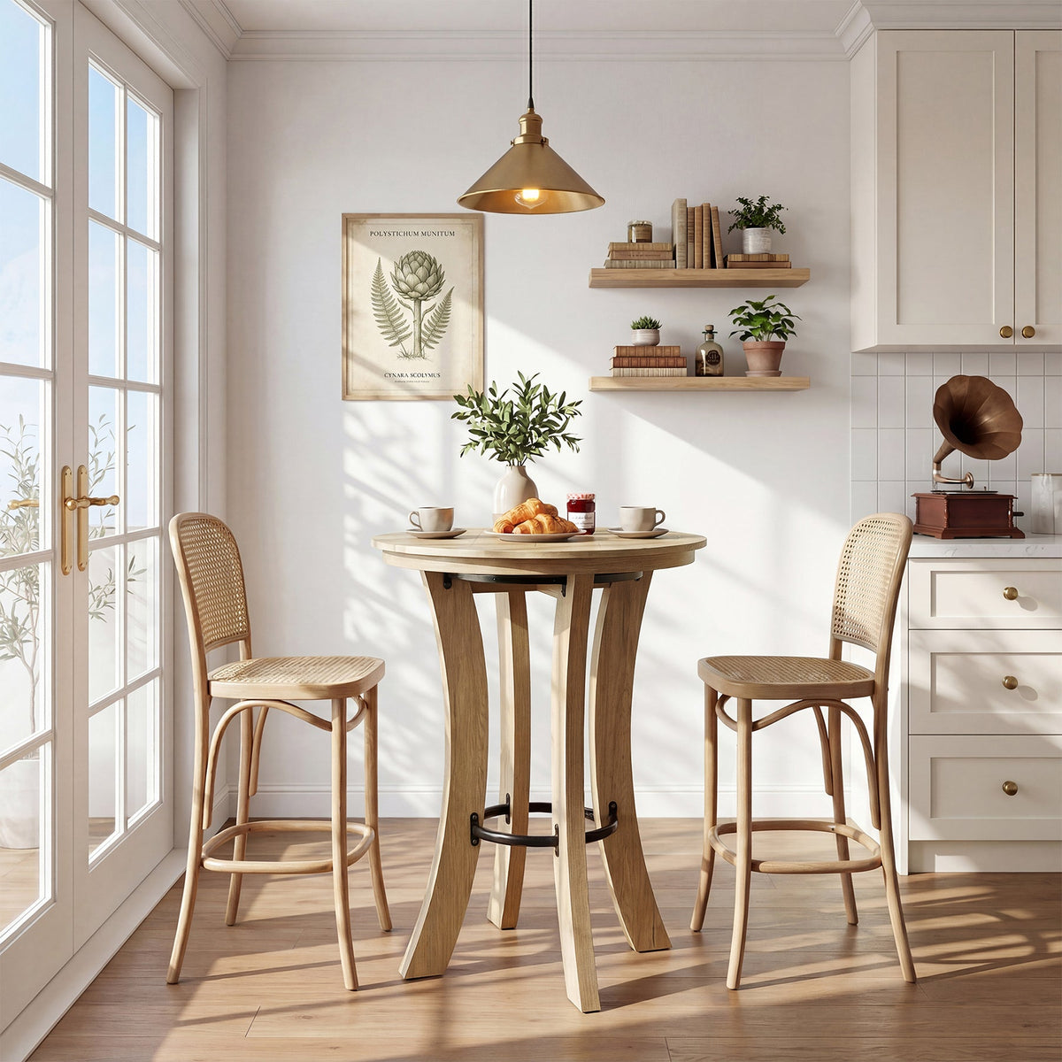 39.4-Inch High Round Bar Table with Curved Legs and Metal Footrest, Modern Pub Table for Kitchen and Coffee Bar