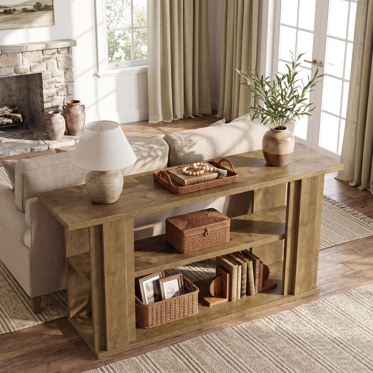 63-Inch Farmhouse Console Table with 3-Tier Storage Shelves and Wide Panel Supports, Narrow Sofa Table for Living Room Hallway and Foyer