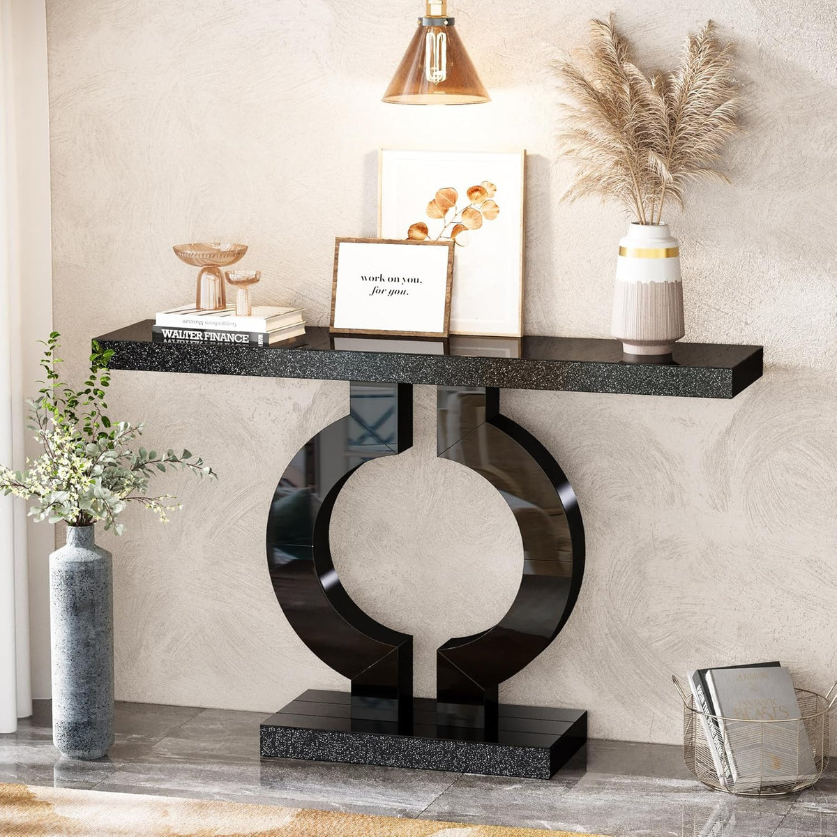 43.1-Inch Mirrored Console Table with O-Shaped Base, Narrow Hallway Table in Black