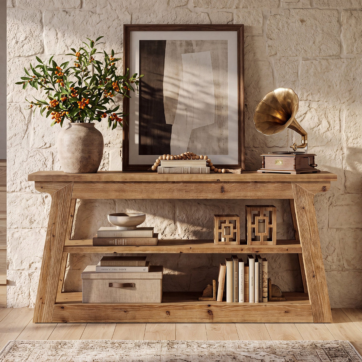 63-Inch Solid Wood Console Table with 3-Tier Storage, Farmhouse Hallway Entry Table