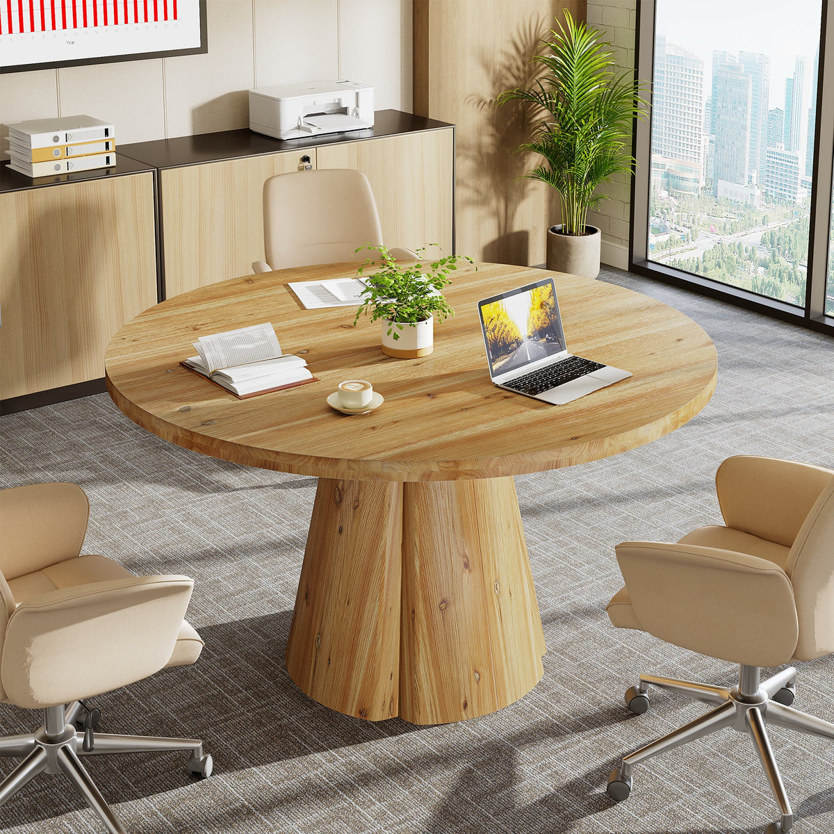 47.24-Inch Solid Wood Conference Table, Rustic Round Meeting Table with Pedestal Base for Office