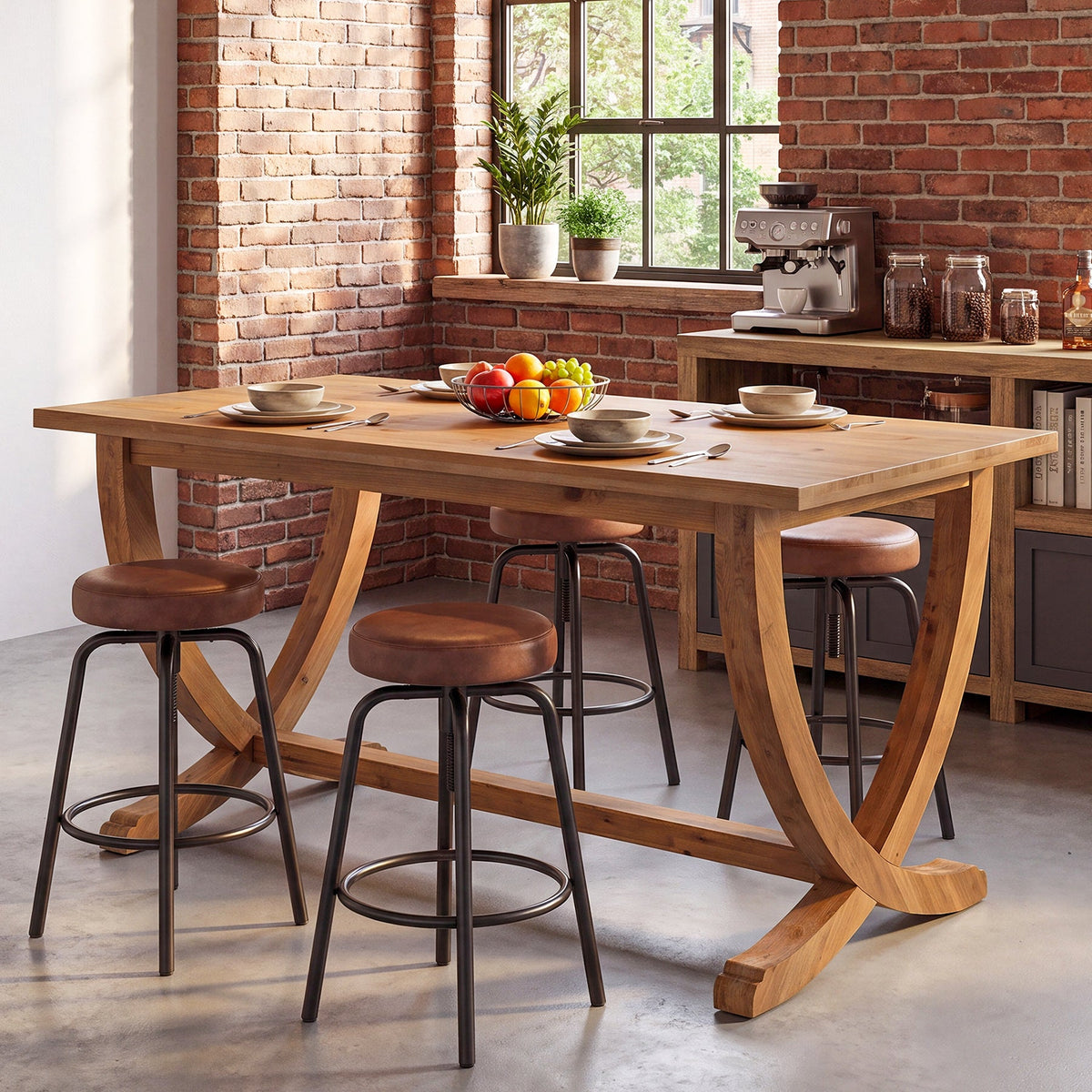 59 Inch Solid Wood Counter Height Dining Table with Footrest, Farmhouse Bar Table for 4-6