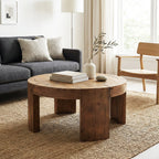 31.5 Inch Solid Wood Round Coffee Table with Integrated Tabletop, Farmhouse Center Table for Living Room