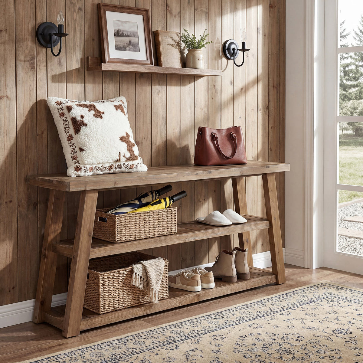 62.99 Inch Solid Wood Console Table with 3-Tier Shelves, Farmhouse Hallway Table
