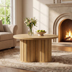31.5-Inch Round Coffee Table, Wooden Circle Center Table with Fluted Three-Lobed Base for Living Room Apartment