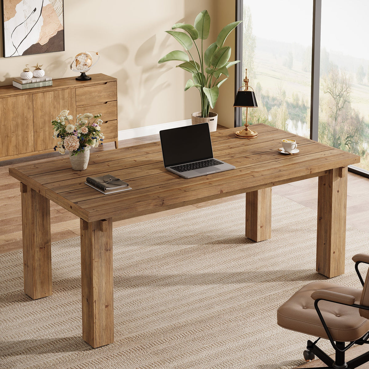 63-Inch Solid Wood Executive Desk with Thick Top, Farmhouse Computer Desk for Home Office