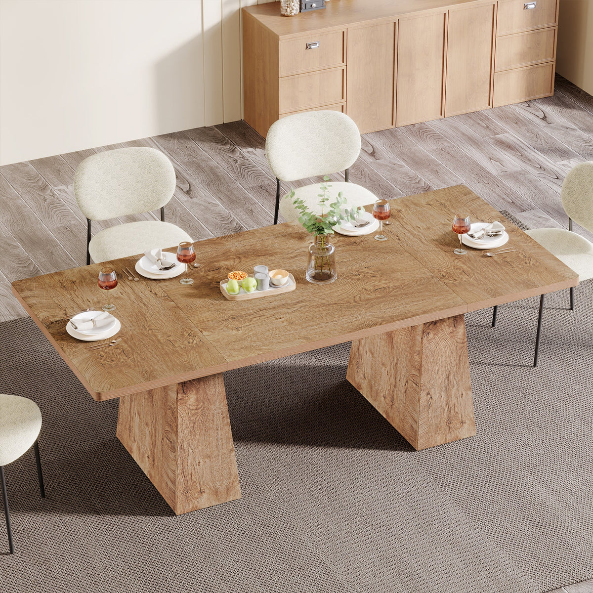 63 Inch Dining Table for 6, Farmhouse Rectangular Kitchen Table with Double Pedestal for Dining Room