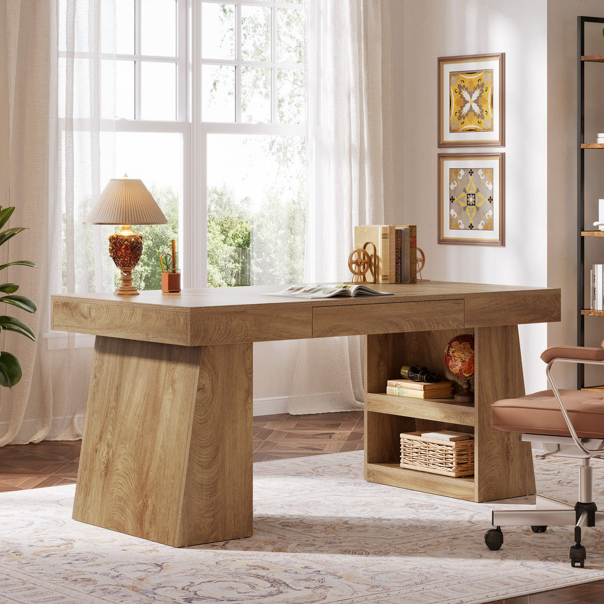 55 Inch Executive Desk with Drawer, Large Office Computer Desk with Storage Shelves for Home Office