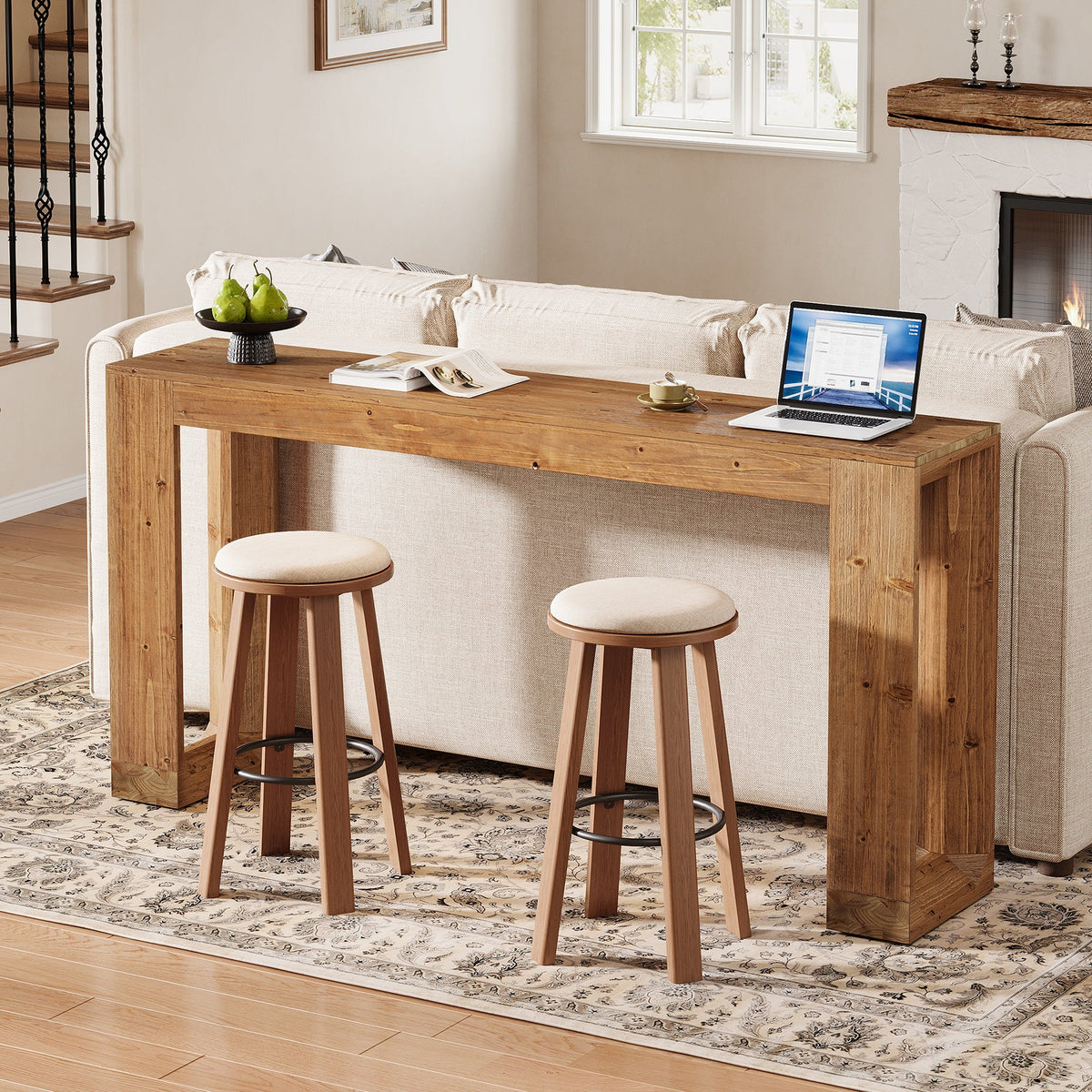 63-Inch Farmhouse Console Table with Reinforced Base, Solid Wood Sofa Table for Entryway Study and Living Room