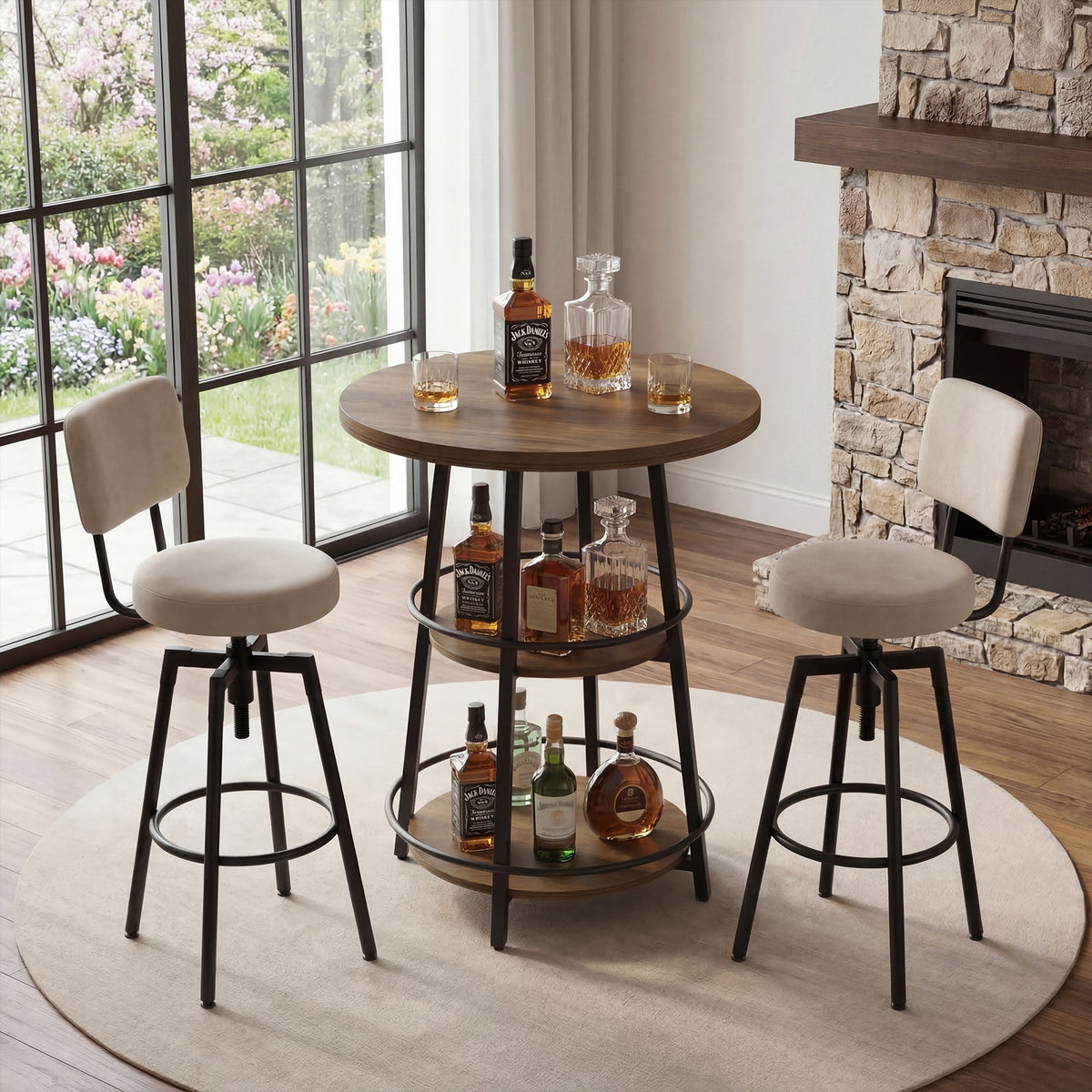 35.4-Inch Round Bar Table, Counter Height Pub Table with Storage Shelves for Kitchen and Small Spaces