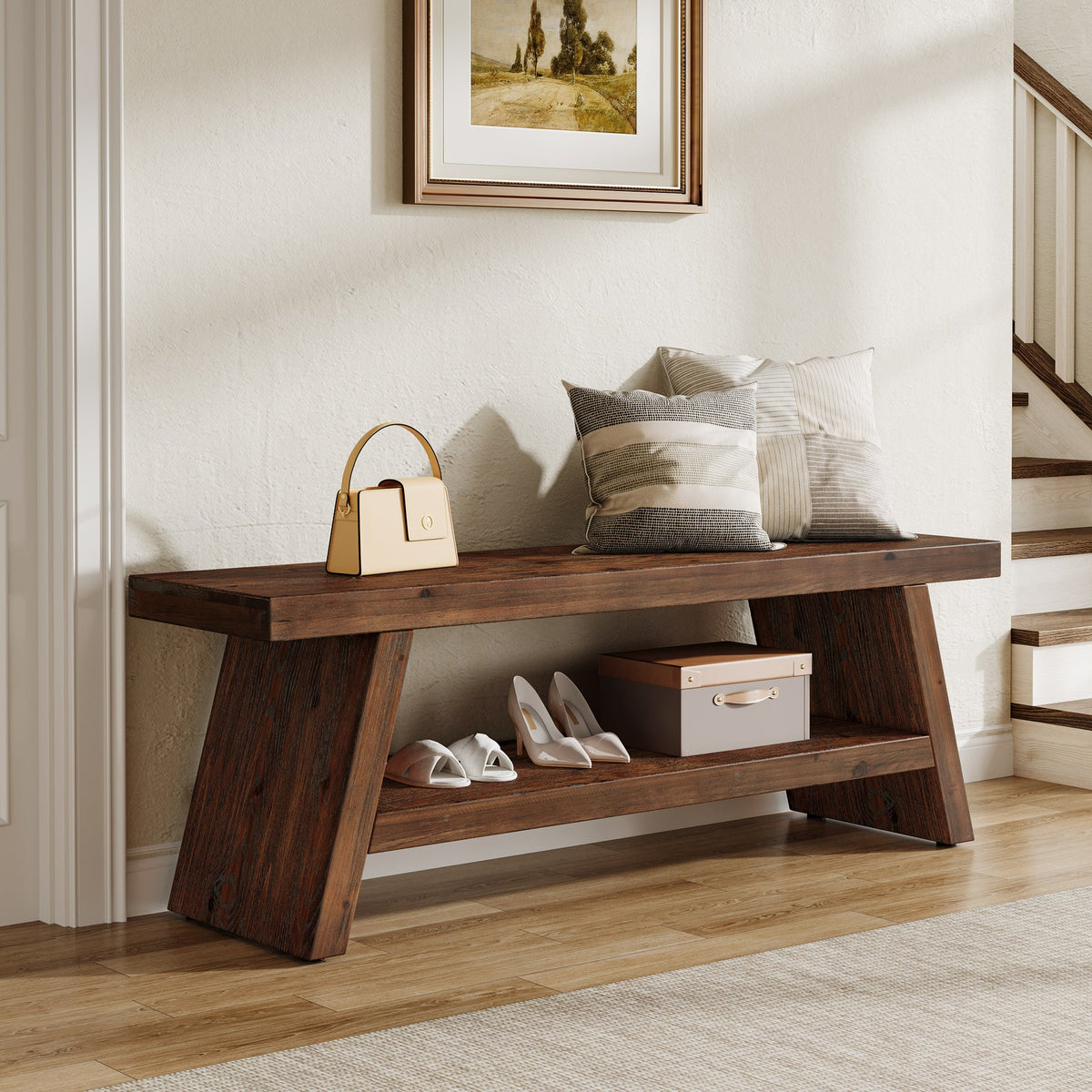 47-Inch 2-Tier Wooden Storage Bench, Open Shelving Hallway Seat with Solid Fir Frame for Living Room