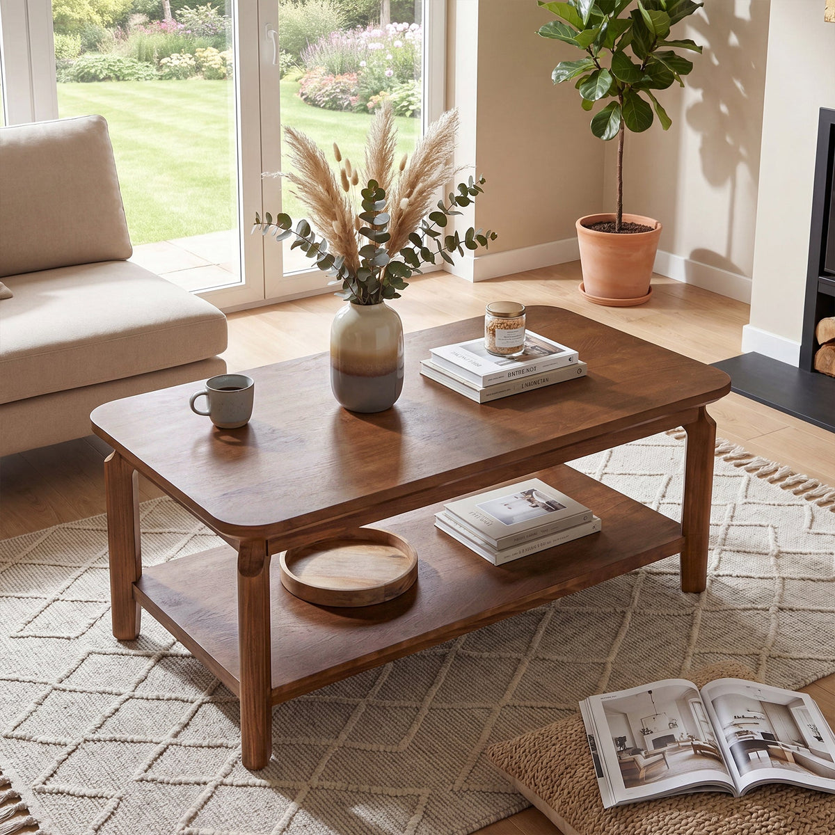 47-Inch Coffee Table with Open Shelf, Rounded-Corner Center Table for Living Room