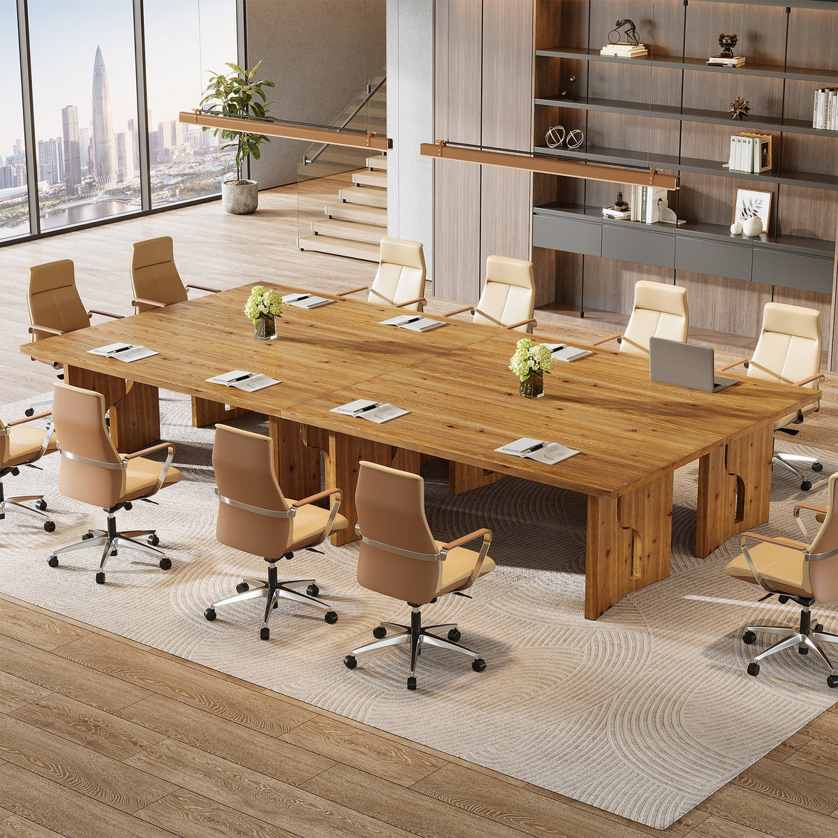 63-Inch Solid Wood Executive Desk with Cutout Bases, Large Office Desk for Home Office