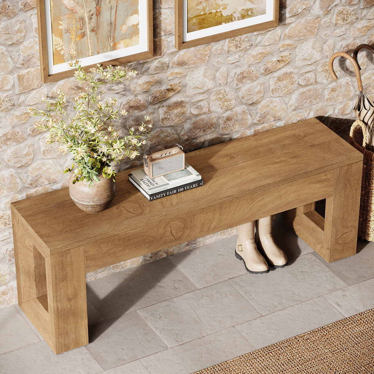 47-Inch Farmhouse Entryway Bench, Long Wood Shoe Bench with Reinforced MDF Structure for Hallway