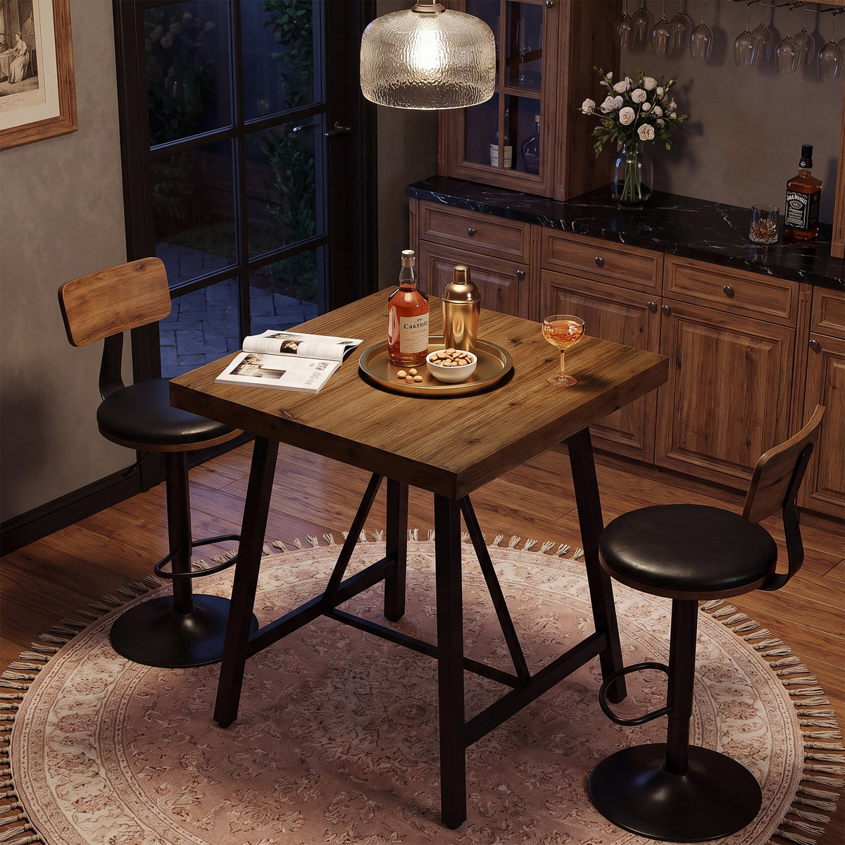 31.5-Inch Square Bar Table with Solid Wood Top and Metal Footrest, Industrial Pub Table for Home Bar Kitchen and Cafe