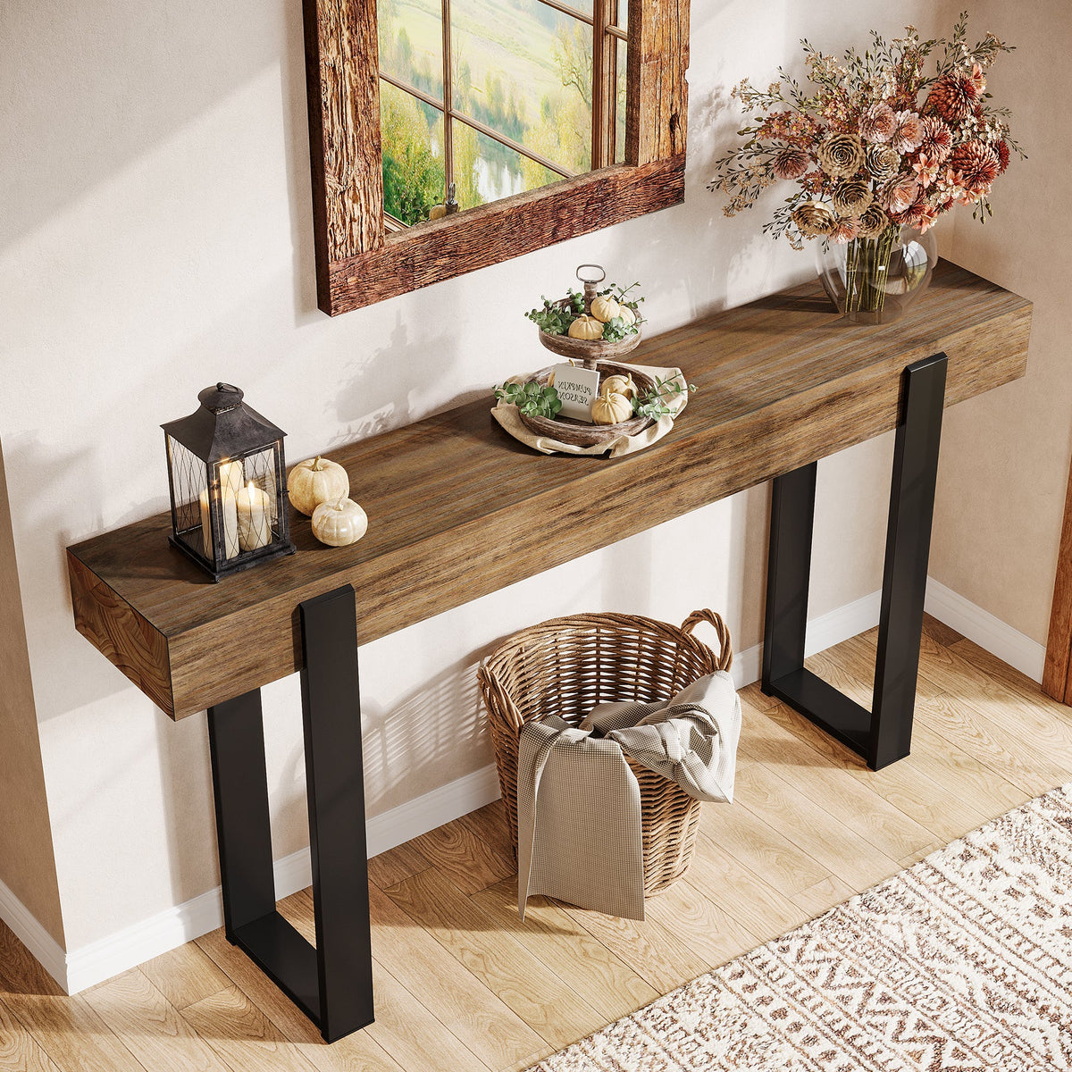 63-Inch Solid Wood Sofa Table with Metal Support, Narrow Console Table for Behind Couch