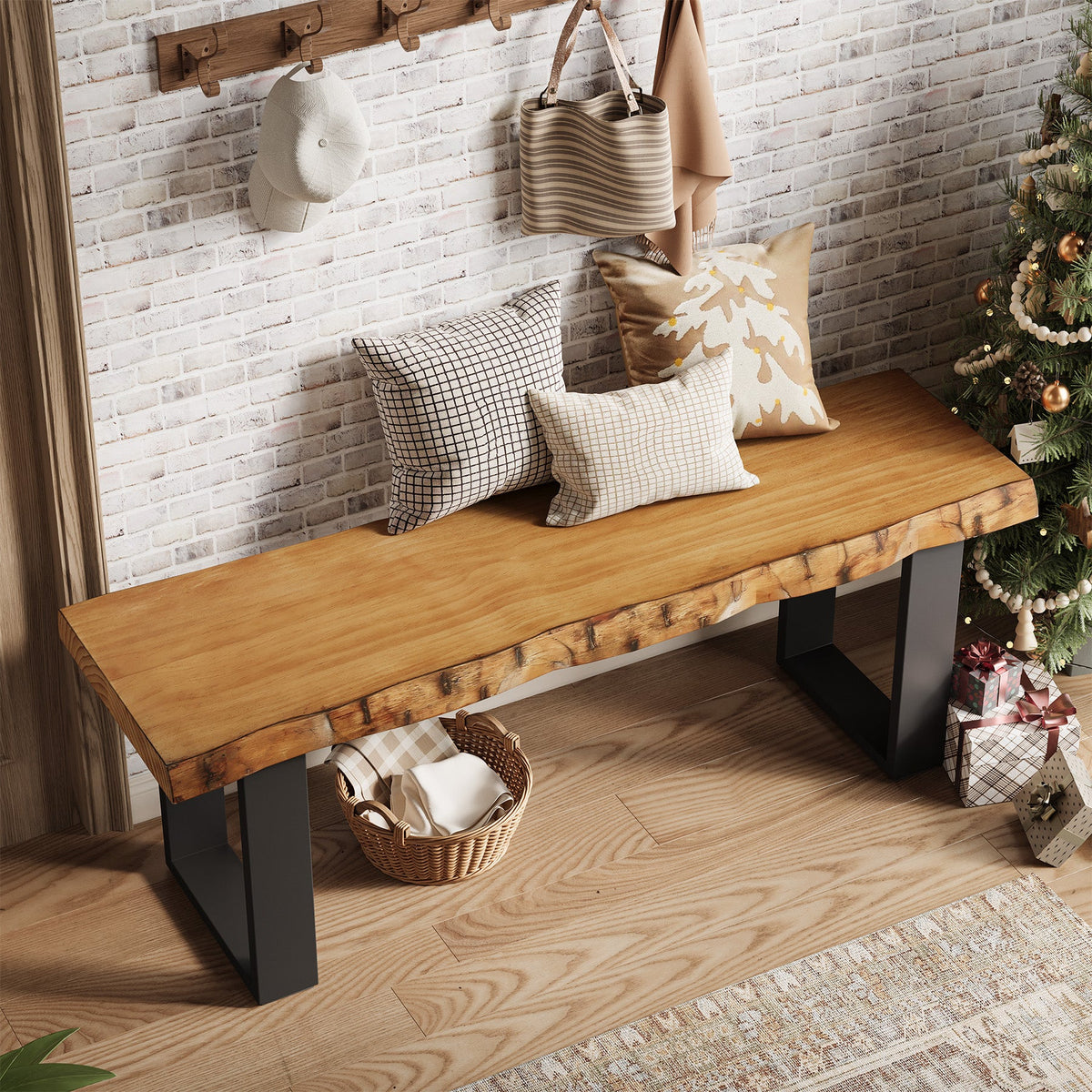 47.24-Inch Industrial Entryway Bench with Solid Wood Seat, Narrow Shoe Bench for Bedroom and Hallway