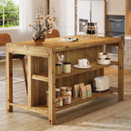 59" Farmhouse Kitchen Island, Solid Wood Dining Prep Table With 2 Open Storage Shelves
