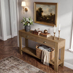 55.12 Inch Solid Fir Wood Console Table with 2 Drawers, Narrow Hallway Table with Shelf