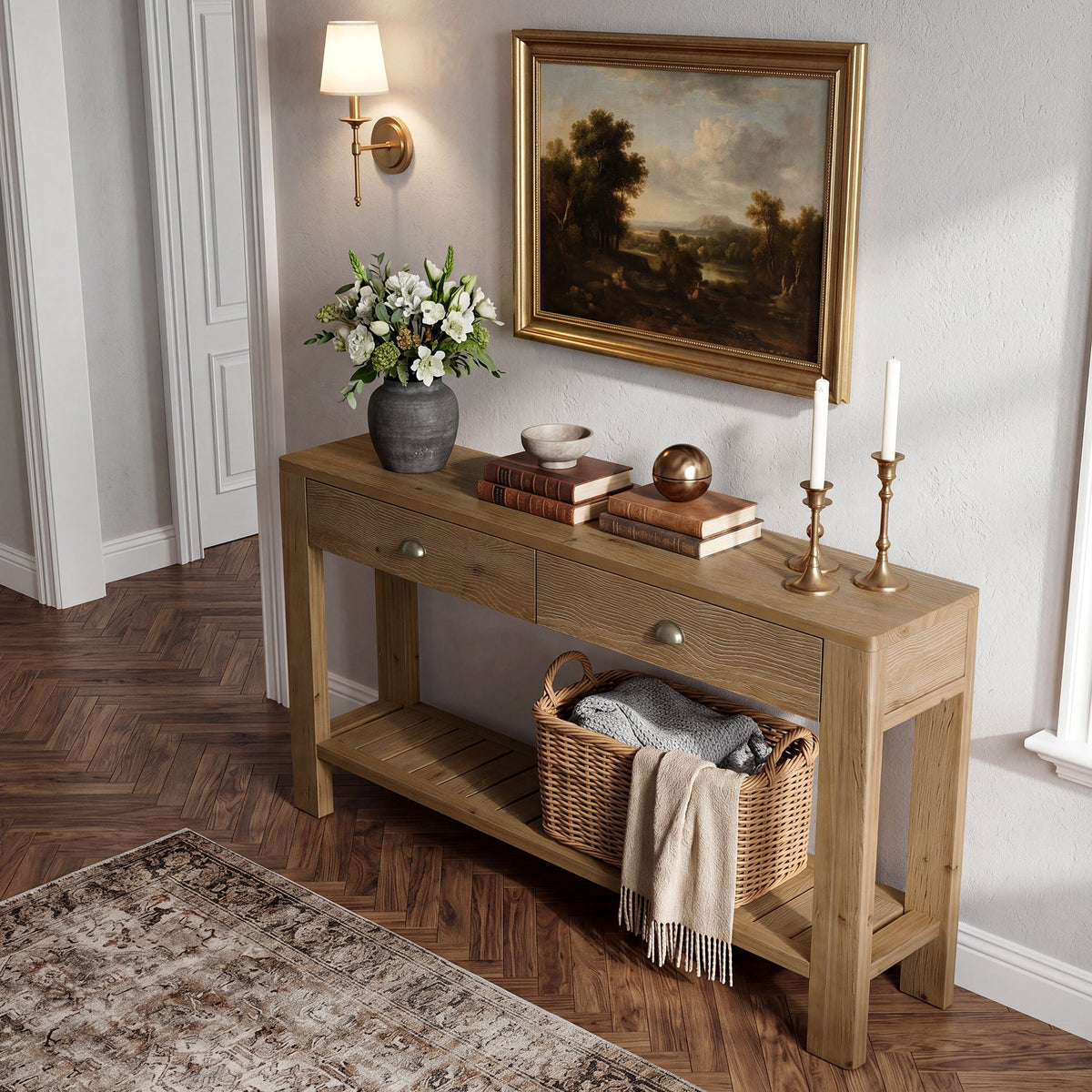 55.12 Inch Solid Fir Wood Console Table with 2 Drawers, Narrow Hallway Table with Shelf