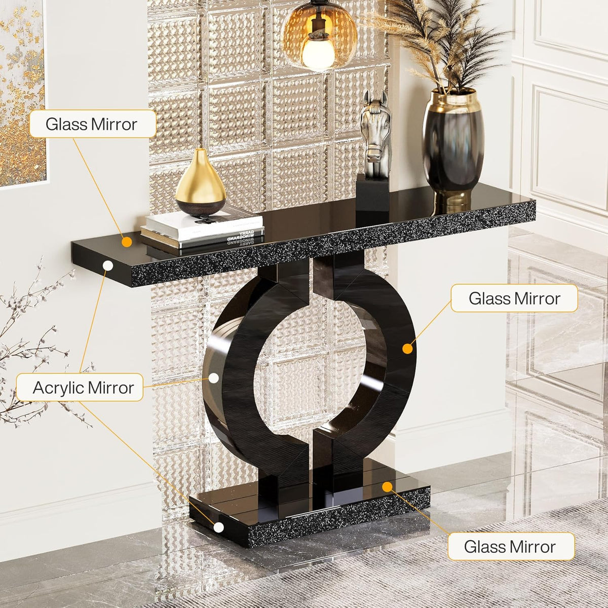 43.1-Inch Mirrored Console Table with O-Shaped Base, Narrow Hallway Table in Black