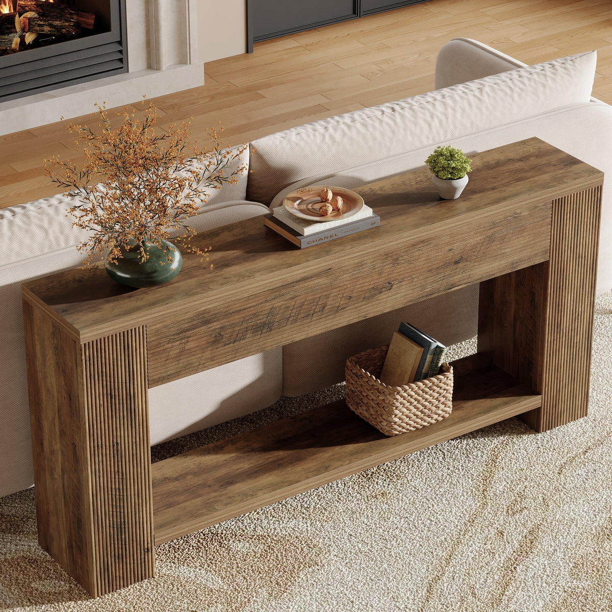 70.9-Inch Console Table, Farmhouse Fluted Sofa Table for Entryway and Living Room