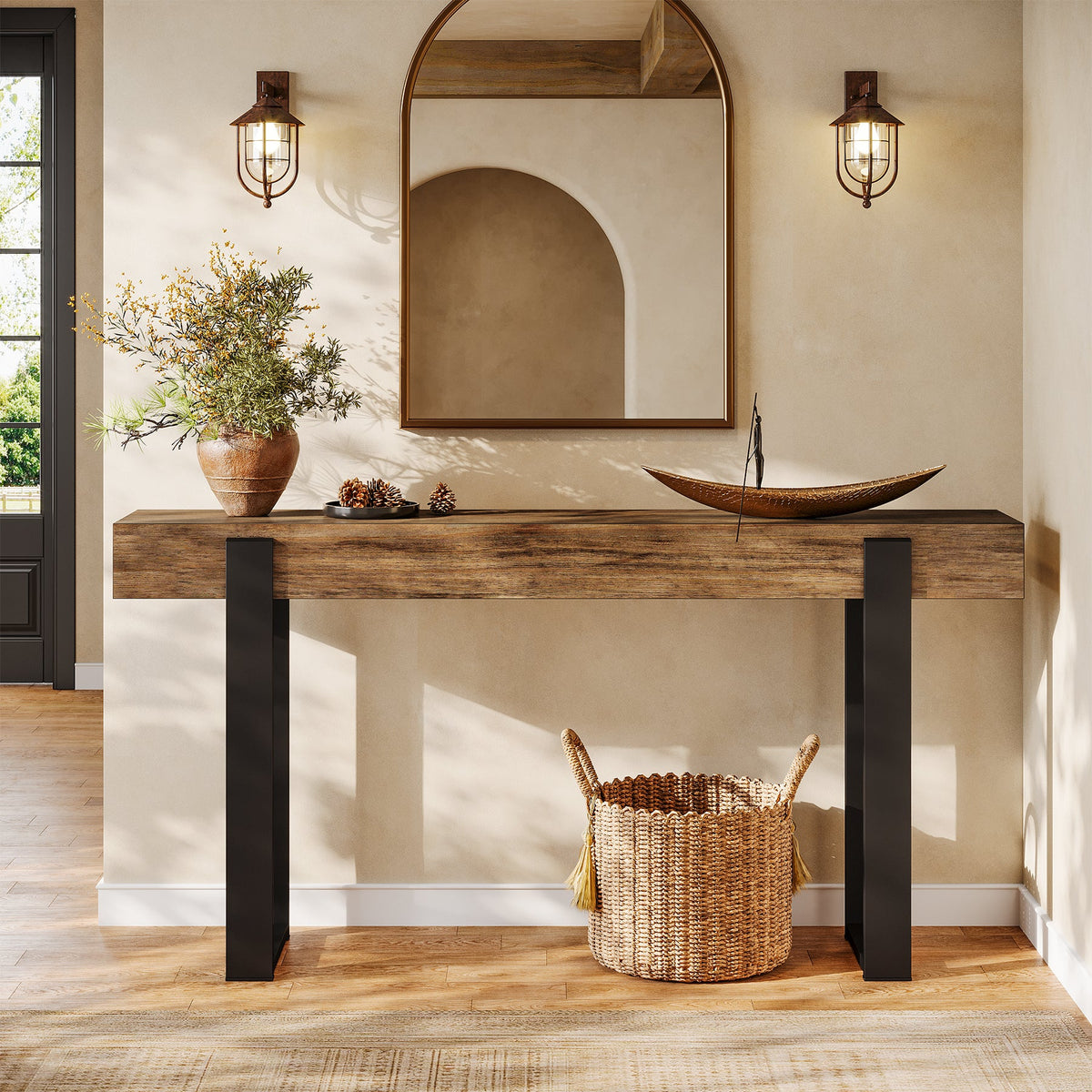 63-Inch Solid Wood Sofa Table with Metal Support, Narrow Console Table for Behind Couch