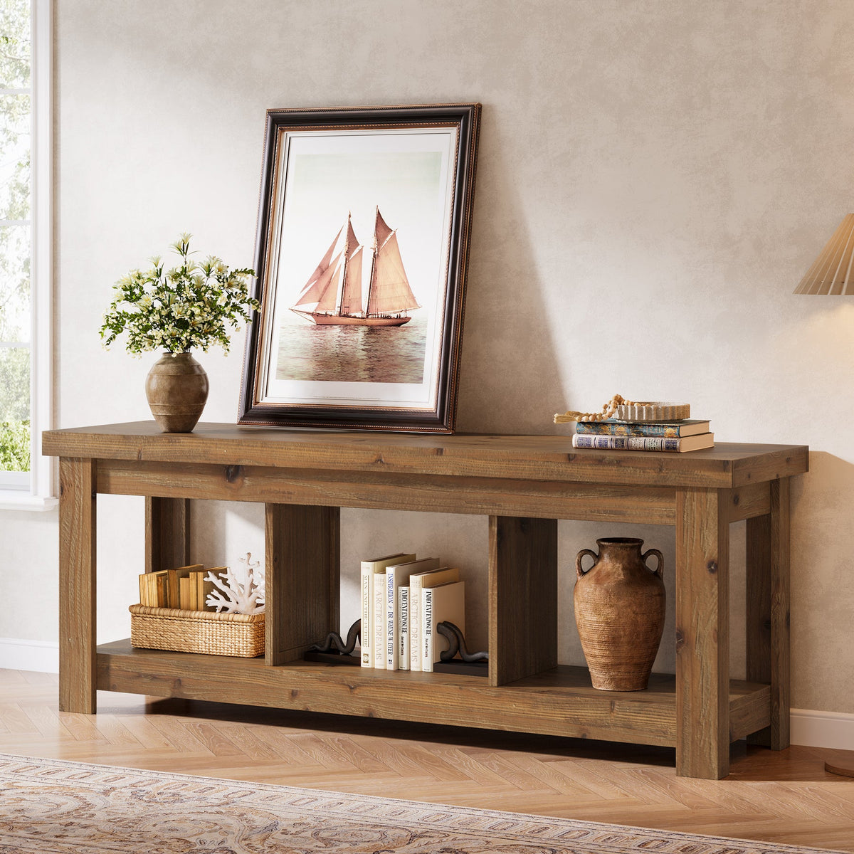 63-Inch Solid Wood TV Stand with 3 Open Storage Shelves, Farmhouse Entertainment Center for TVs up to 75 Inches