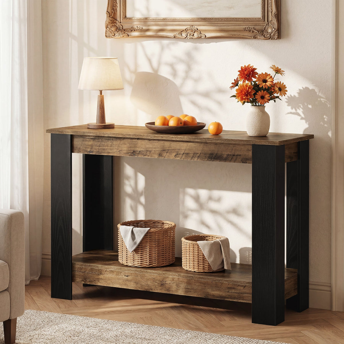 41-Inch Narrow Console Table with 2-Tier Open Storage, Modern Farmhouse Sofa Table for Entryway