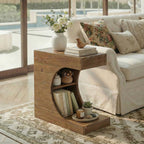 11.8-Inch Wide Solid Wood C-Shaped Side Table with 2-Tier Storage Shelf