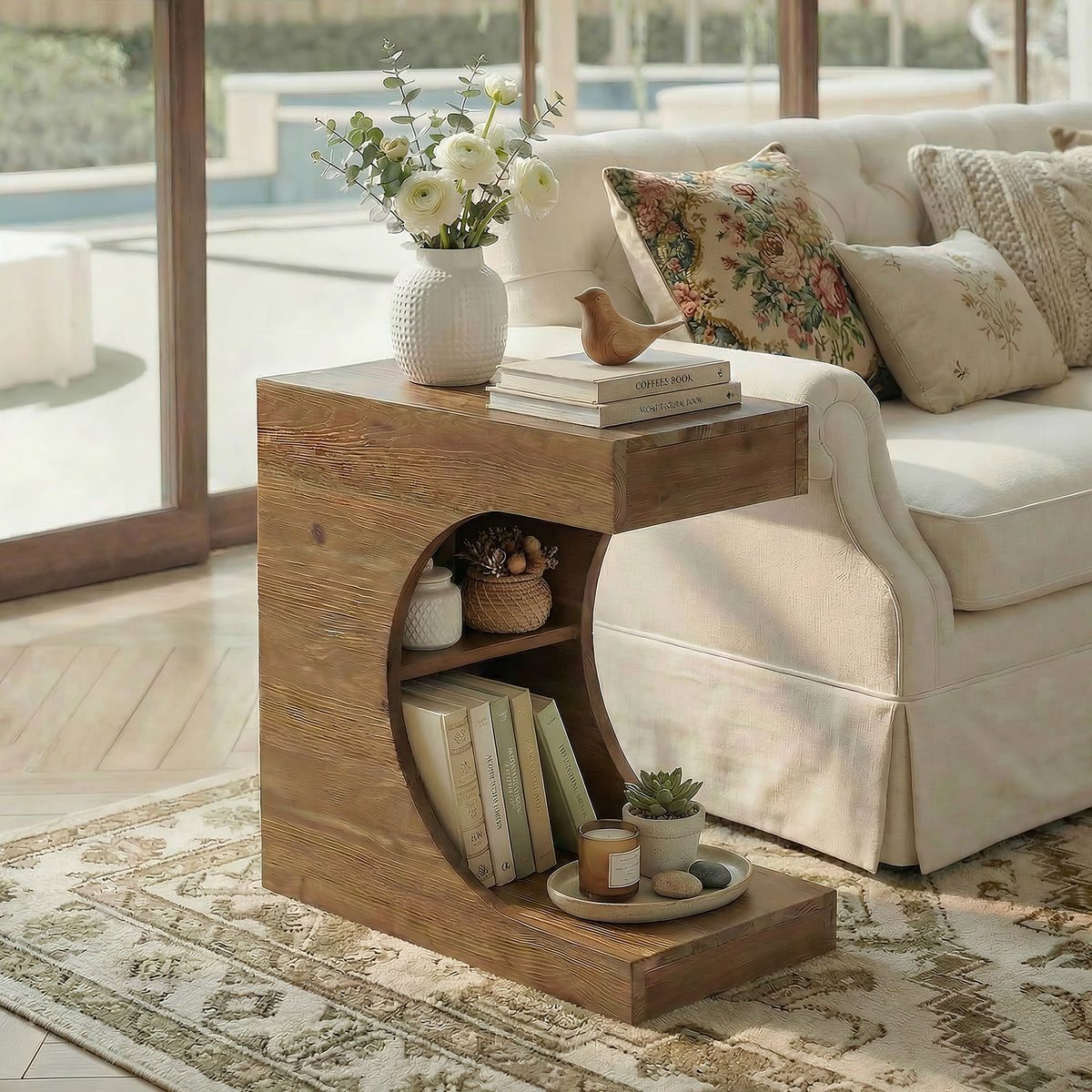 11.8-Inch Wide Solid Wood C-Shaped Side Table with 2-Tier Storage Shelf
