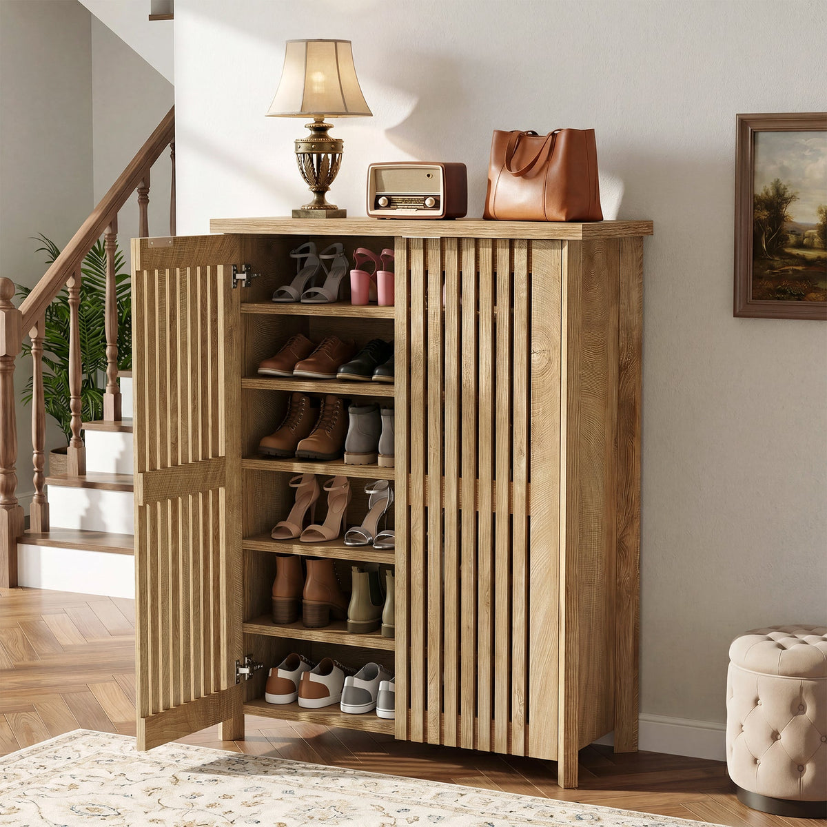 43.31 Inch 6-Tier Shoe Cabinet with Louvered Doors, Farmhouse Shoe Storage Cabinet for Entryway and Hallway